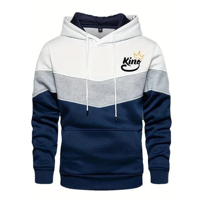 King Print Three Splice Hoodies Mens Long Sleeve Spring Casual Sweatshirt Hooded Top Male Outdoor Sport Jogging Sweater